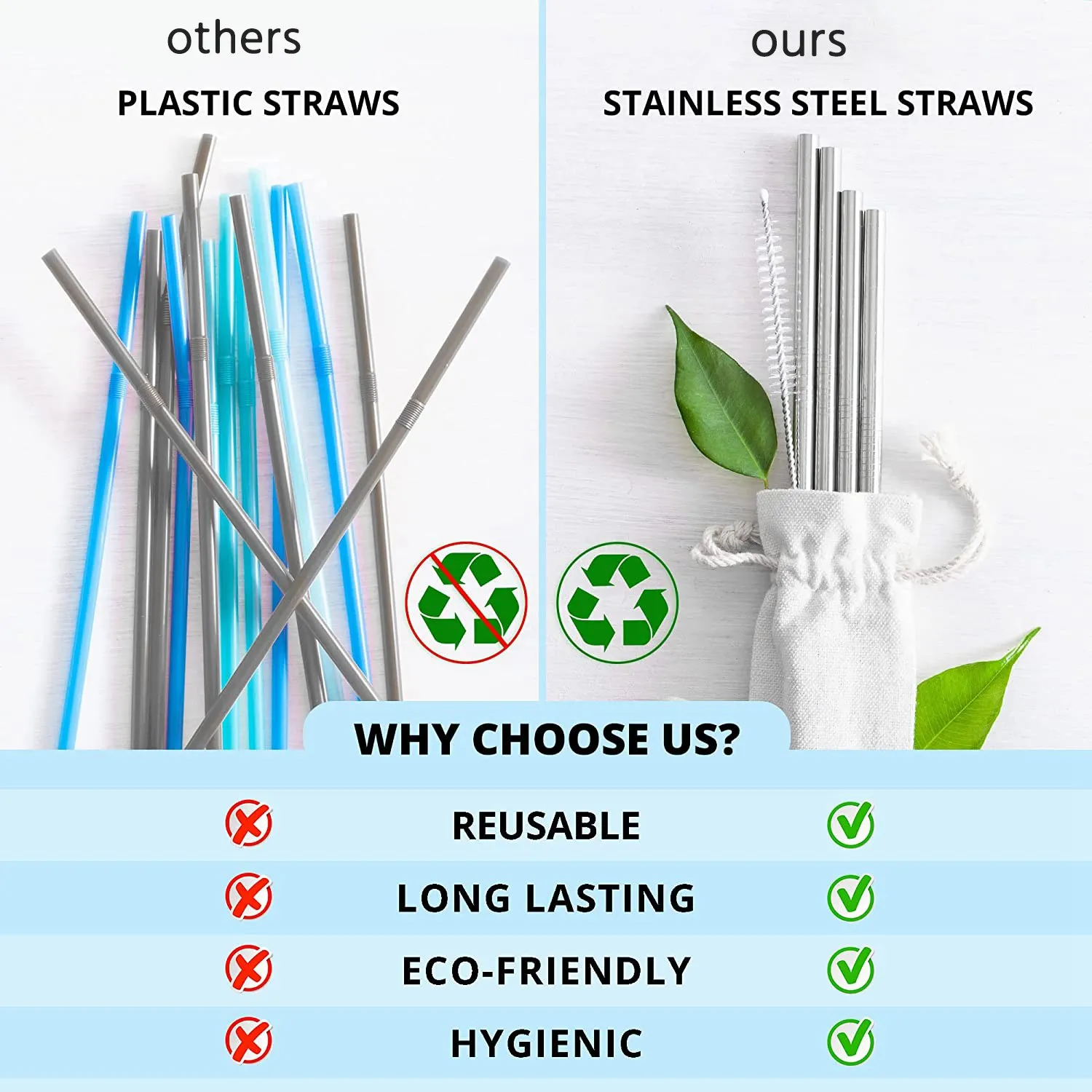 Palhas de aço inoxidável reutilizáveis e ecológicas, para copo, coquetel, com viagem, 8.5 polegadas