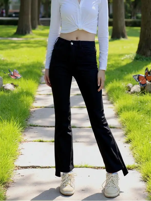 

Flare Hem Slit Skinny Jeans Womens Digital Print Casual Loose Fit High Waist Fashion Lady Pants Streetwear Vintage Autumn Basic