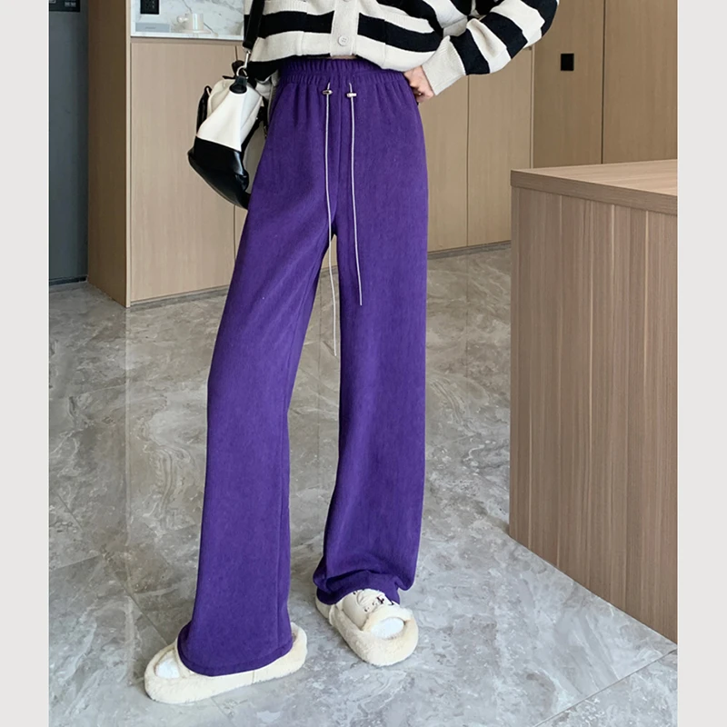 Gidyq Winter Women Corduroy Pants Vintage Korean Loose High Waist Wide Leg Pants Elegant Female Thick Warm Straight Pants New