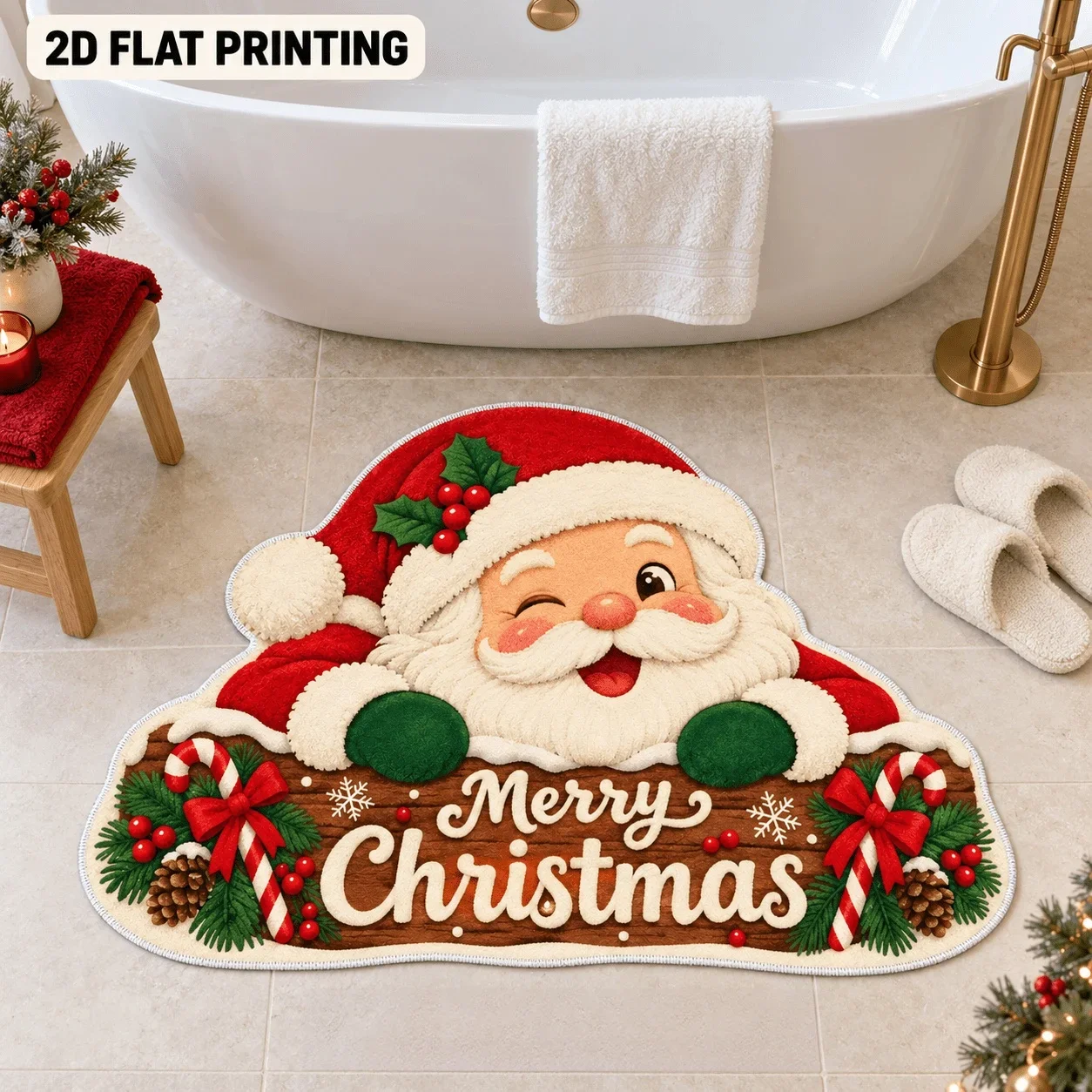 Santa Snowman Reindeer Christmas Bath Mat Soft Plush Xmas Floor Rug Mixed Winter Figure Print For Bathroom Holiday Styling