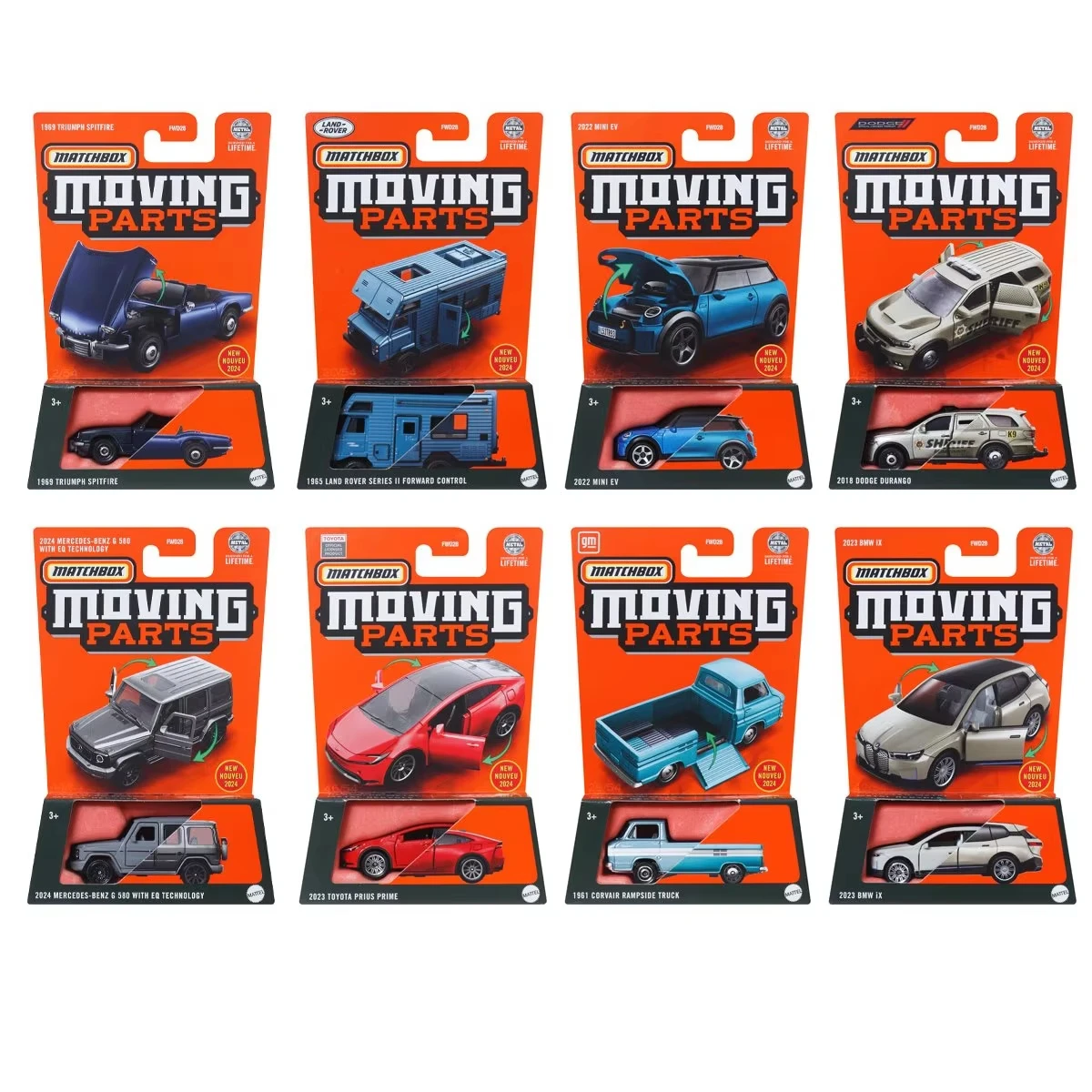 2024 Matchbox Moving Parts Corvair Rampside Truck Land Rover Mini EV BMW IX 2023 Toyota Prius 1/64 Diecast Car Model Toy FWD28