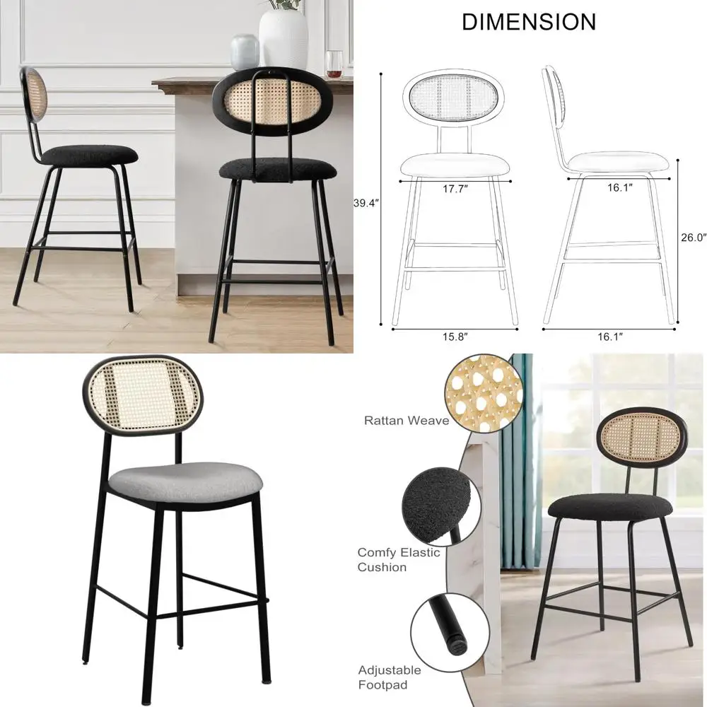 

Black Rattan Counter Height Bar Stools Set of 2 with Boho Cane Back Design - Comfortable Kitchen Island Chairs for Stylish Dinin