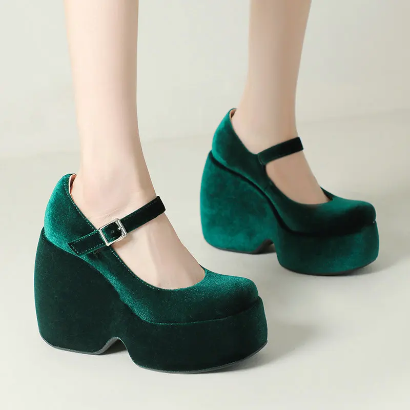 Velour Velvet Green Red Closed Toe Platform Wedges High Heel Pumps Buckle Belt Mature Ladies Wedding Dress Mary Janes Shoes