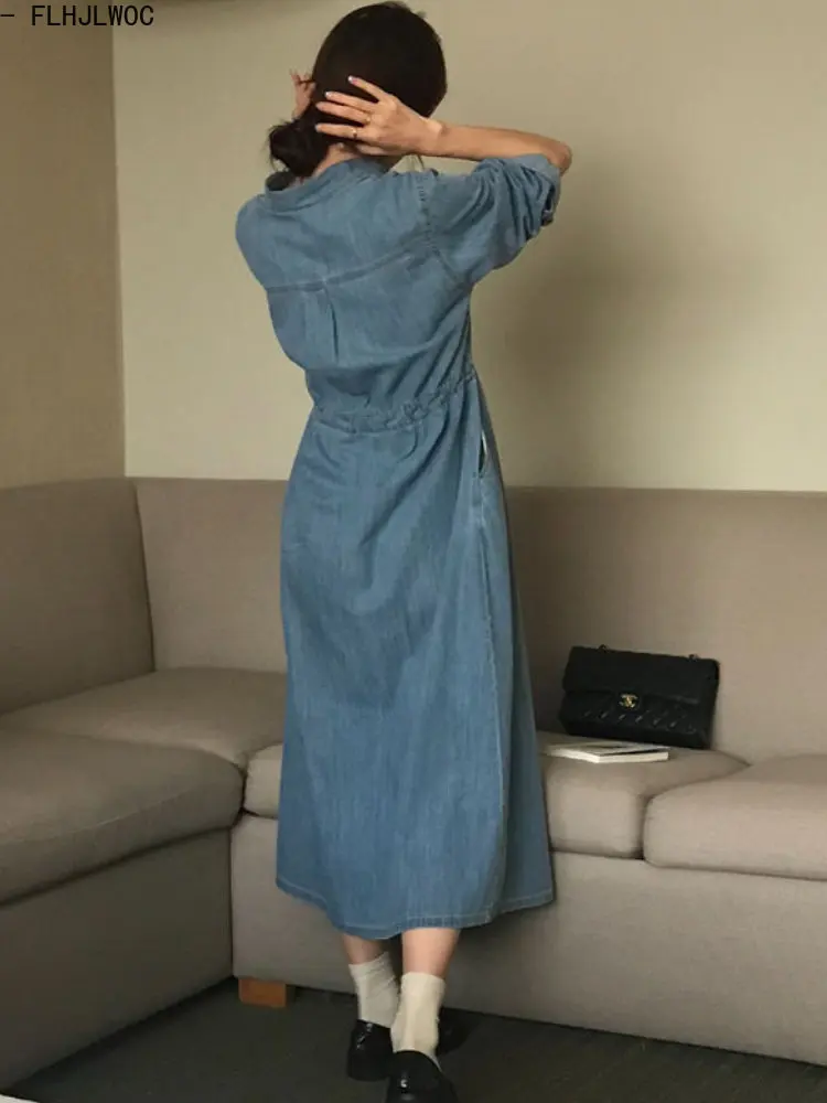 Denim Dresses New Design Woman Casual Cute Sweet Korea Chic Style Girls Retro Vintage Cotton Jeans Blue Long Denim Shirt Dress