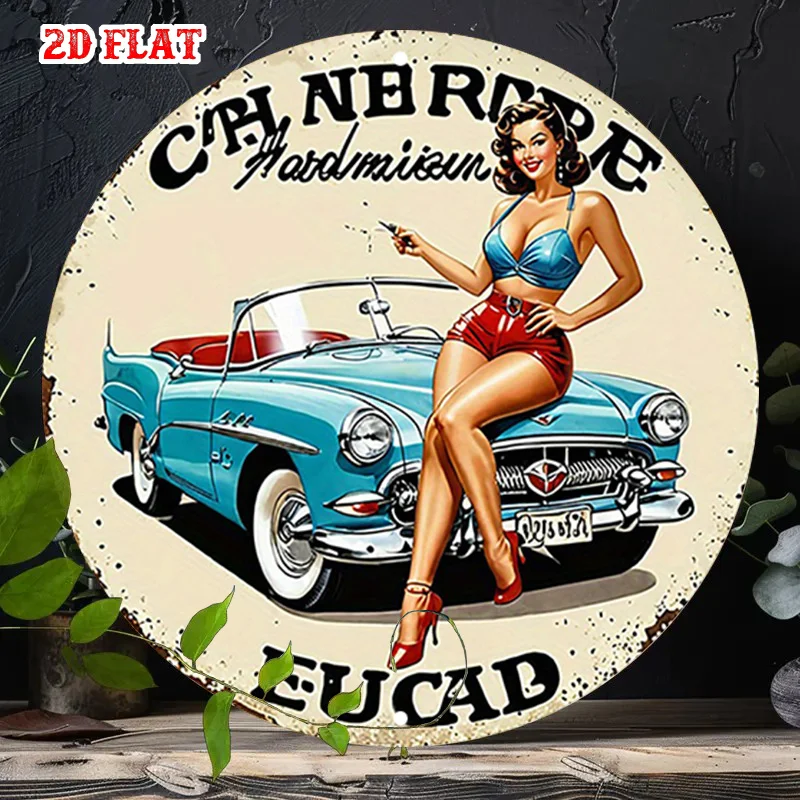Retro 2D Flat Sign Featuring a Pin-Up Girl, Vintage Style 7.8X7.8 Round Metal Sign - Ideal for Car Wall Decor, Home, Garage
