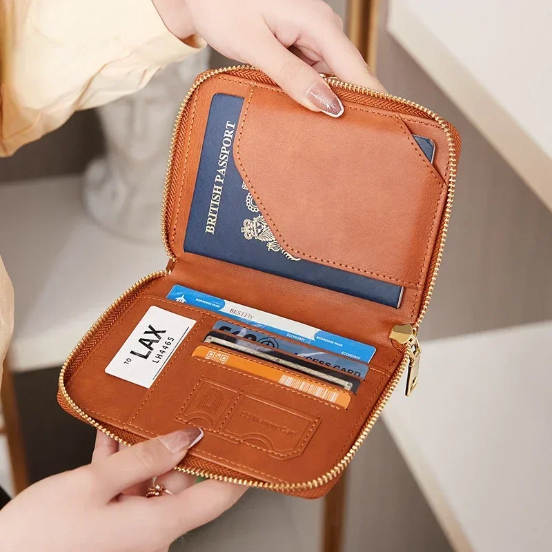 Women Men Passport Holder Travel Wallet Ticket Credit Card Bags Multifunctional Zipper Money Card Wallet Purse with Wrist Strap