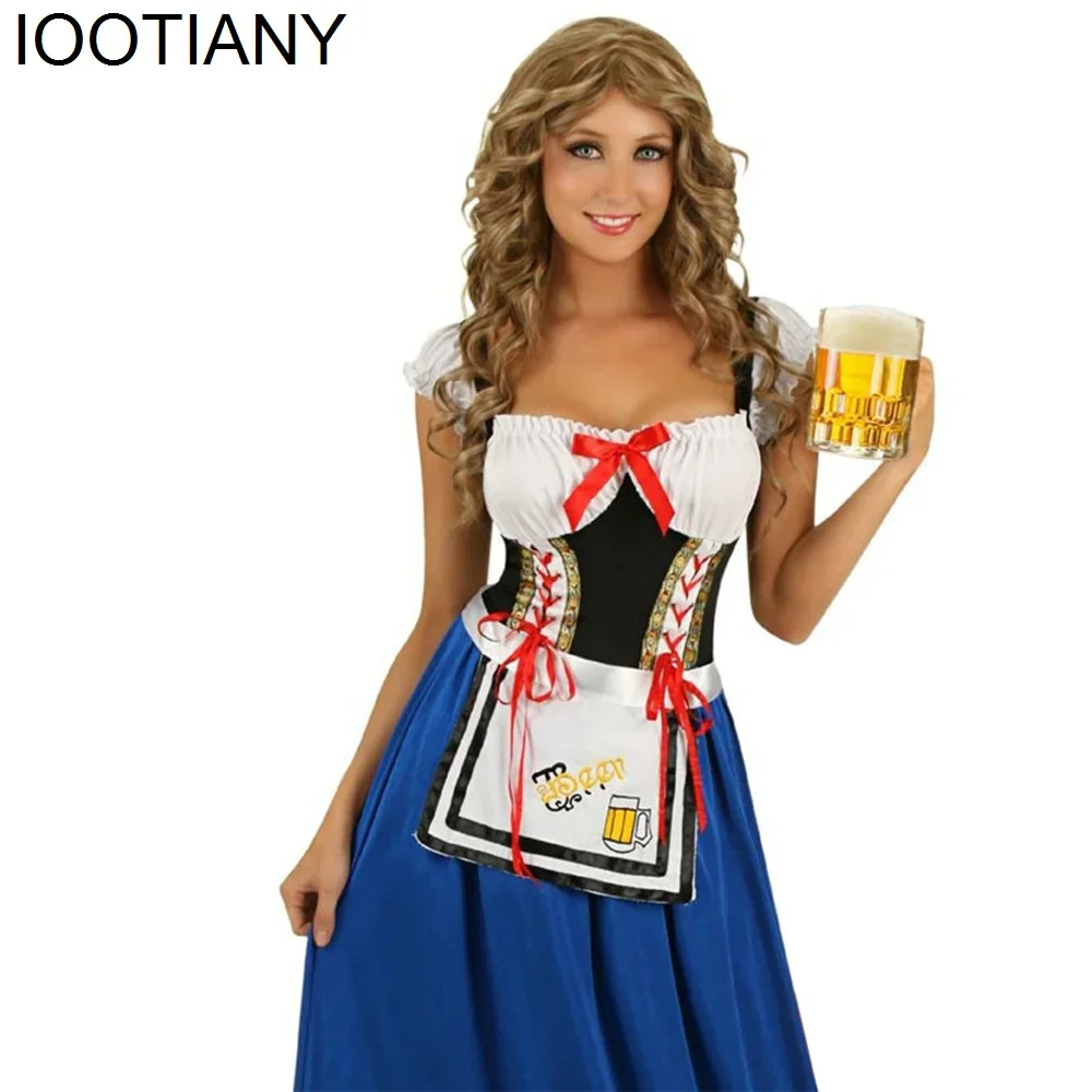 Cosplay carnaval Bar cerveza sirvienta camarera Cosplay disfraz mujer Oktoberfest bávaro vestido largo azul adulto Oktoberfest delantal