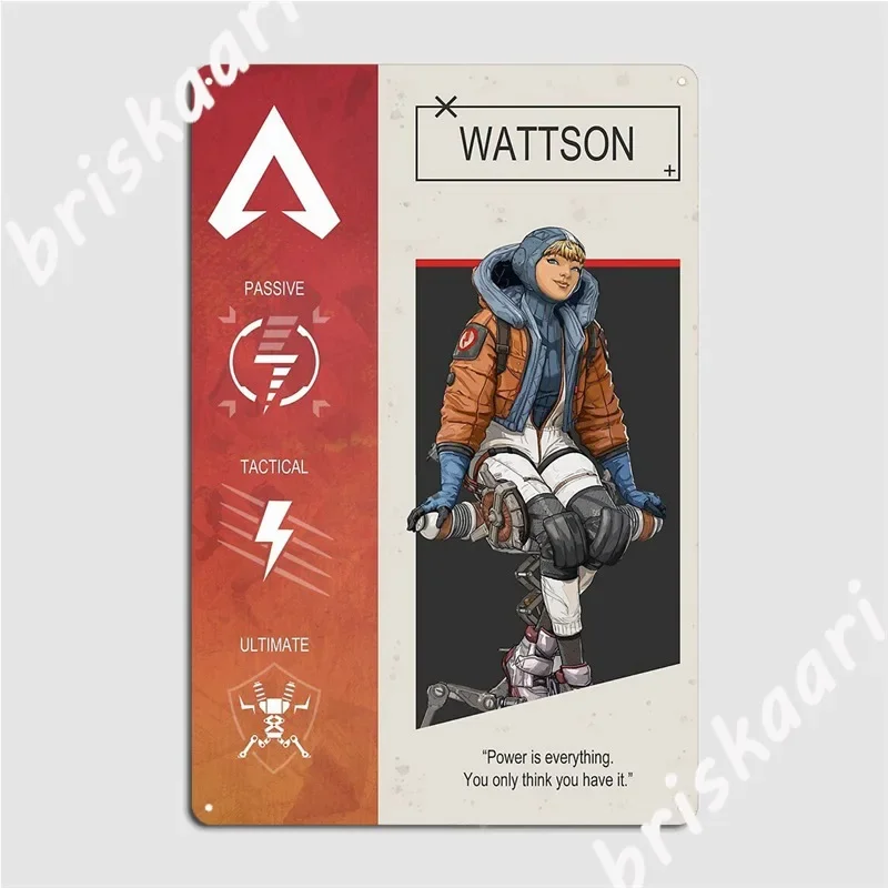 Póster del personaje Wattson de Apex Legends, letreros metálicos, placa de pared, letreros de cine para sala de estar, letreros de hojalata de diseño, pósteres