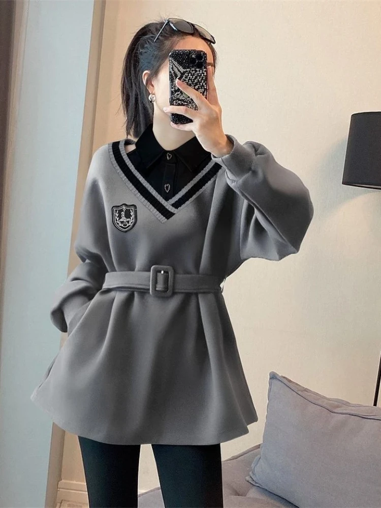 Black Pullovers Button Sweatshirts For Women Grey Warm Long Sleeve Female Clothes Offer Elegant Classy Nice Color Aesthetic Tops