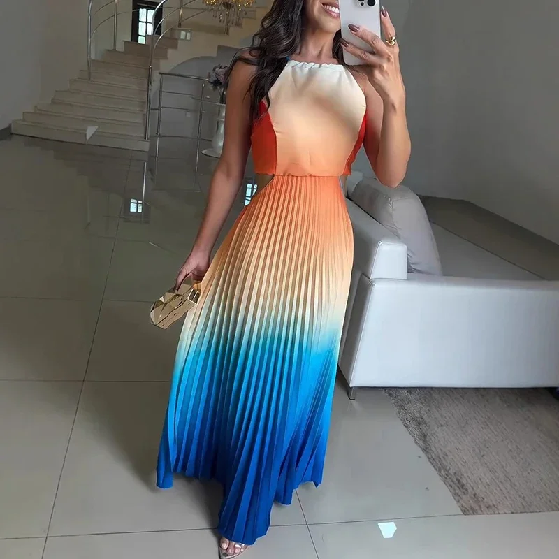 Printemps dégradé imprimé robes plissées femme 2025 nouveau licou cravate dos nu longue robe d'été sans manches creux Boho robe de soirée