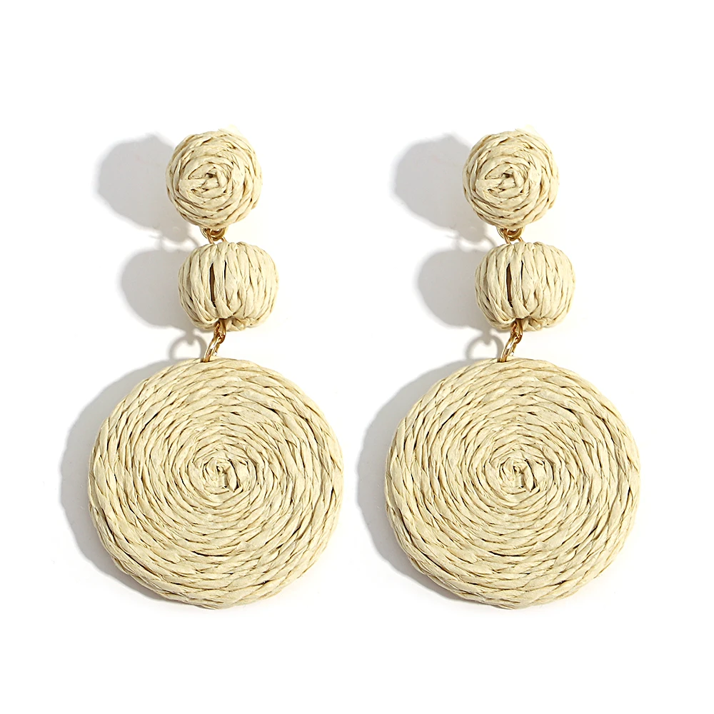 Boho Yellow Raffia Round Drop Earrings for Women