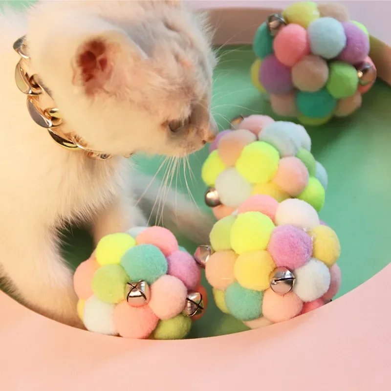 Cat Toy Plush Sound Ball Rainbow with Bell Ball Pet Supplies Cats Toys Interactive Playing Catch Toy  Plush Cat Stuff