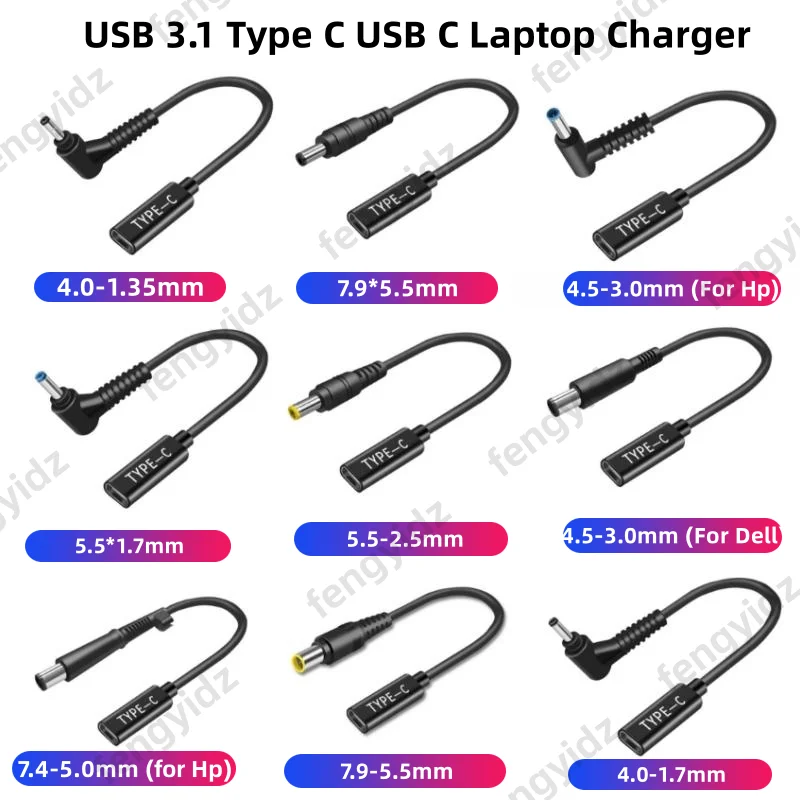 USB 3.1 Type C USB C Laptop Charger Power Adapter Converter USB Type C Female to 4.0*1.35 5.5*2.5 4.5*3.0 4.0*1.7mm Dc Plug Jack
