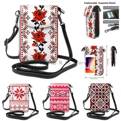 Ukrainian Embroidery Style Rose Women Cell Phone Purse Leather Crossbody Bag Mini Shoulder Bag Card Holder Wallet