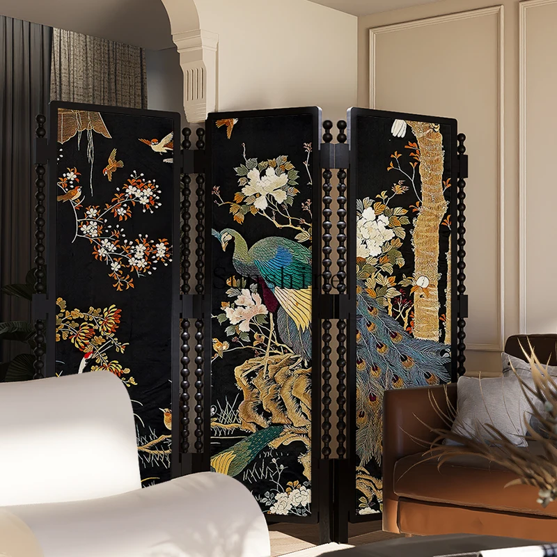 

Folding solid wood screen lacquer painting, medieval high-end entry living room partition
