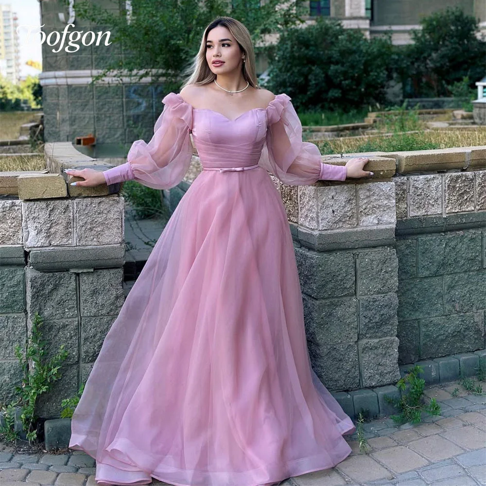 

Toofgon Sweet Organza Light Purple Evening Dresses Long Puff Sleeve Formal Party Gown Customized Women Sweep Long Prom Dress
