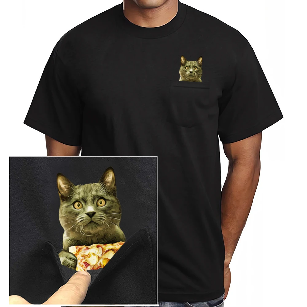 CLOOCL Funny Cats T-Shirts Newest British Shorthairs Cheese Pizza Printed Pocket T-shirt Mens Women Clothing Short Sleeve Shirts