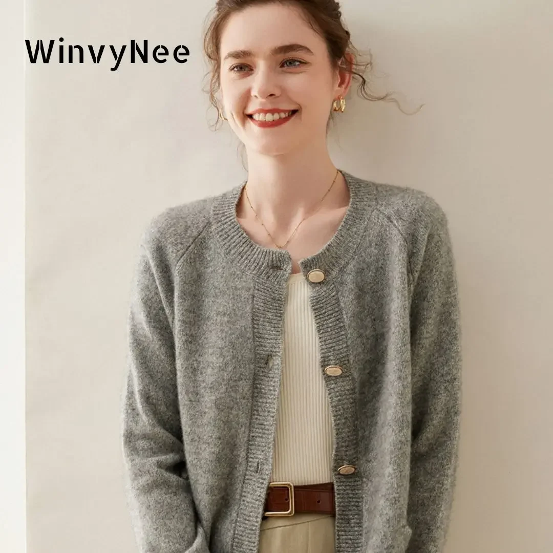 

WinvyNee Women Cashmere Merino Wool Cardigans Sweaters Solid Casual O Neck Casual Knitwears Tops Winter Cropped Coats B1054022