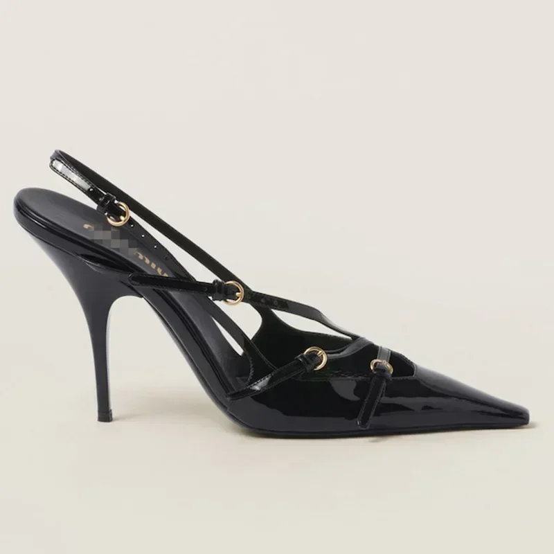 Triple Buckle Sling Back Women Summer Sandals for Women Office Small Square Head High Heels Pointed-toe Back Loop High Heels - Image 4