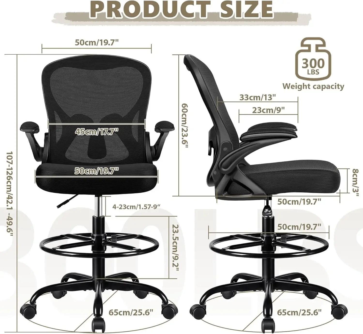 Drafting Chair, Tall Office Chair Ergonomic Standing Desk Chair, Lumbar Support Computer Chair Swivel Task Rolling Chair