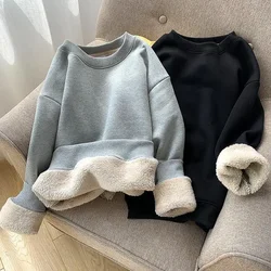 Sweater Women's Thickening and Velvet Loose Korean Version Autumn and Winter Solid Color Lamb Plush Pullover Coat Top