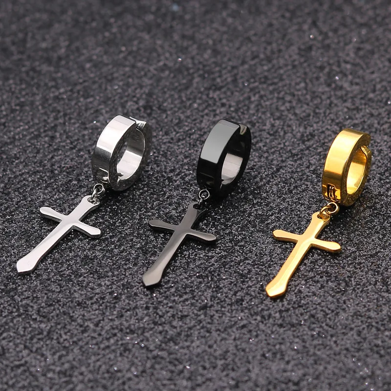 Fashion Titanium Steel Cross Ear Clip Earrings For Men Women Stainless Steel Punk Black Single Earring Fake Earrings Jewelry