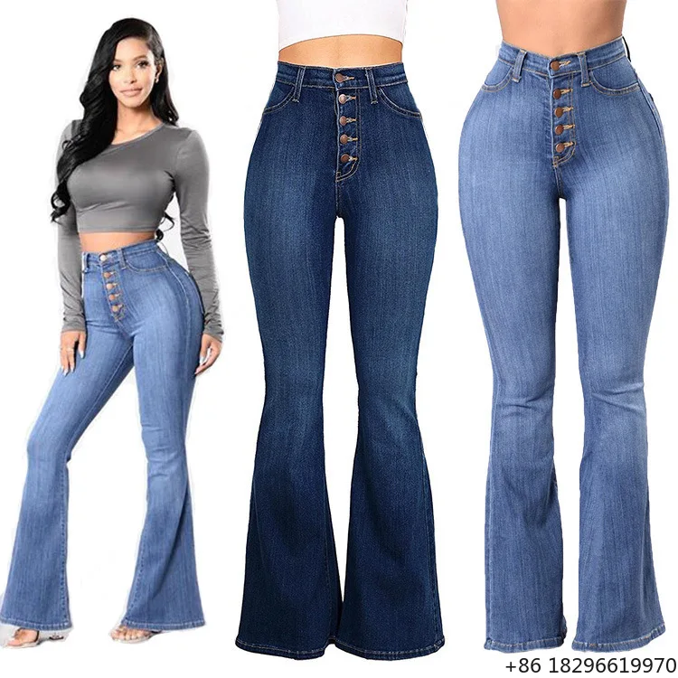 ハイウエストジーンズ-プラスサイズ-レディースパンツ-フレアパンツ-ストレッチ-カスタム品質-春物