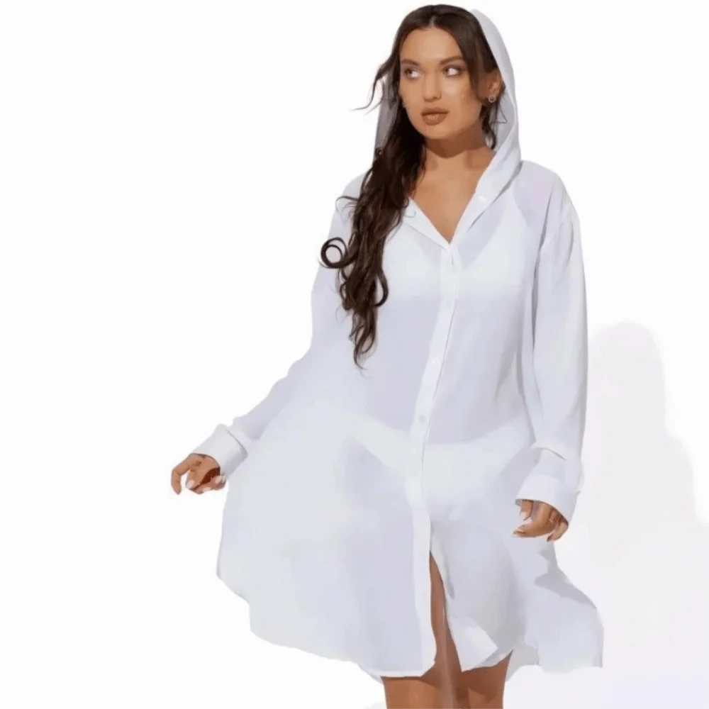 

Boho Long Sleeve Button Down Tunic Dress Solid Color Oversized Blouse Tops Beach Bikini Cover-up Vacation Outfit