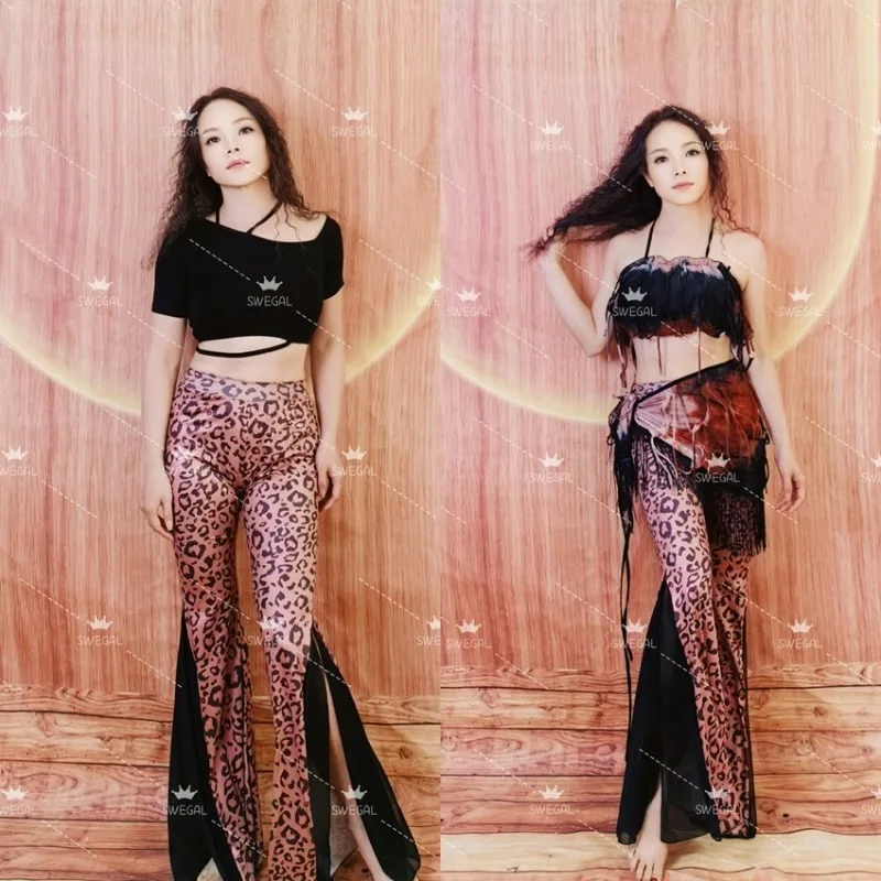 

Customized Swegal Belly Dance Practice Dress Oriental Dance Dress Pink Coffee Leopard Pattern Pants Strapless Top