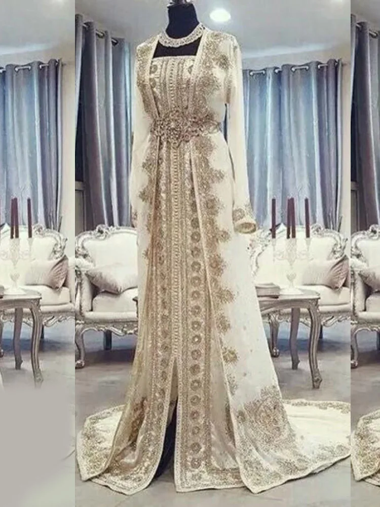 Moroccan Kaftan Muslim Evening Dresses A-line Strapless Appliques Dubai Arabic Turkey Caftan Abaya Islamic Gown