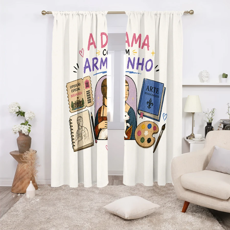 2PCS Curtains, Hand-drawn Sketch Style Art Print Featuring Da Vinci's Lady With Ermine Portrait, Colorful Portuguese Letterings,