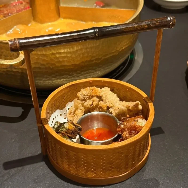 Natural Bamboo Woven Round Tray Portable Snack Plate for Dim Sum BBQ Crispy Meat Ciba Japanese Style Restaurant Tableware