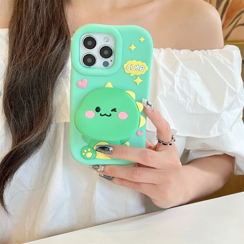 Lustige Dinosaurier-weiche Silikonhülle mit Make-up-Spiegel-Ständerhalter, 3D-Cartoon-Abdeckung für iPhone 12, 13, 14, 15 Plus, 16 Pro Max Capas – Detail 6