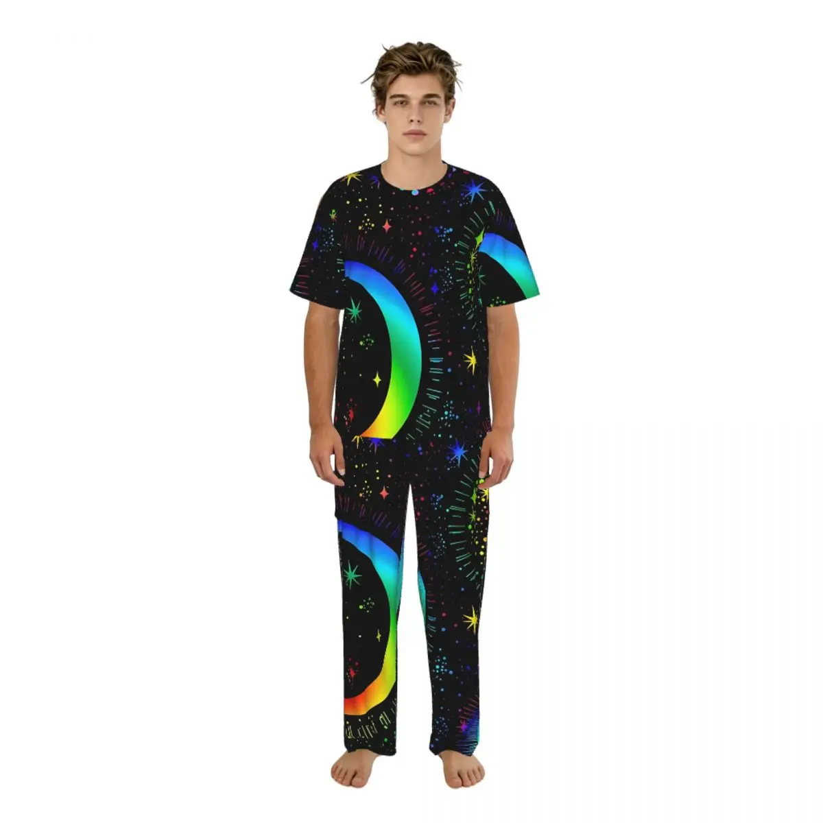 

Мужской комплект пижамы: летние топы с коротким рукавом + длинные брюки, домашняя одежда, пижамный костюм с радужным принтом, изображением лун и звезд