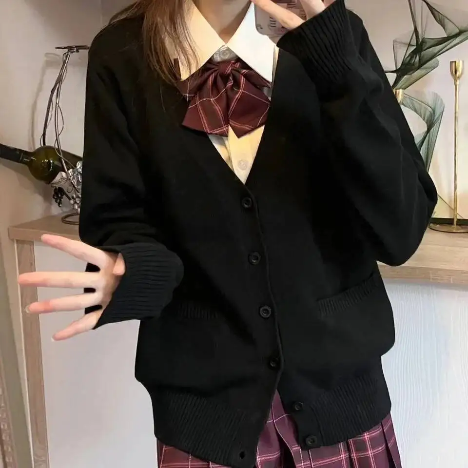 اليابانية بلون الخامس الرقبة محبوك سترة سترة المدارس الأصلي JK موحدة المرأة قميص قطني بكم طويل سترة فضفاضة