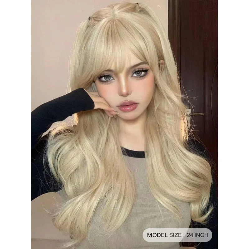 

24Inch Milk Tea Gold Synthetic Wig,Long Curly Wavy With Bangs,Heat Resistant,Machine Woven,For Daily Christmas