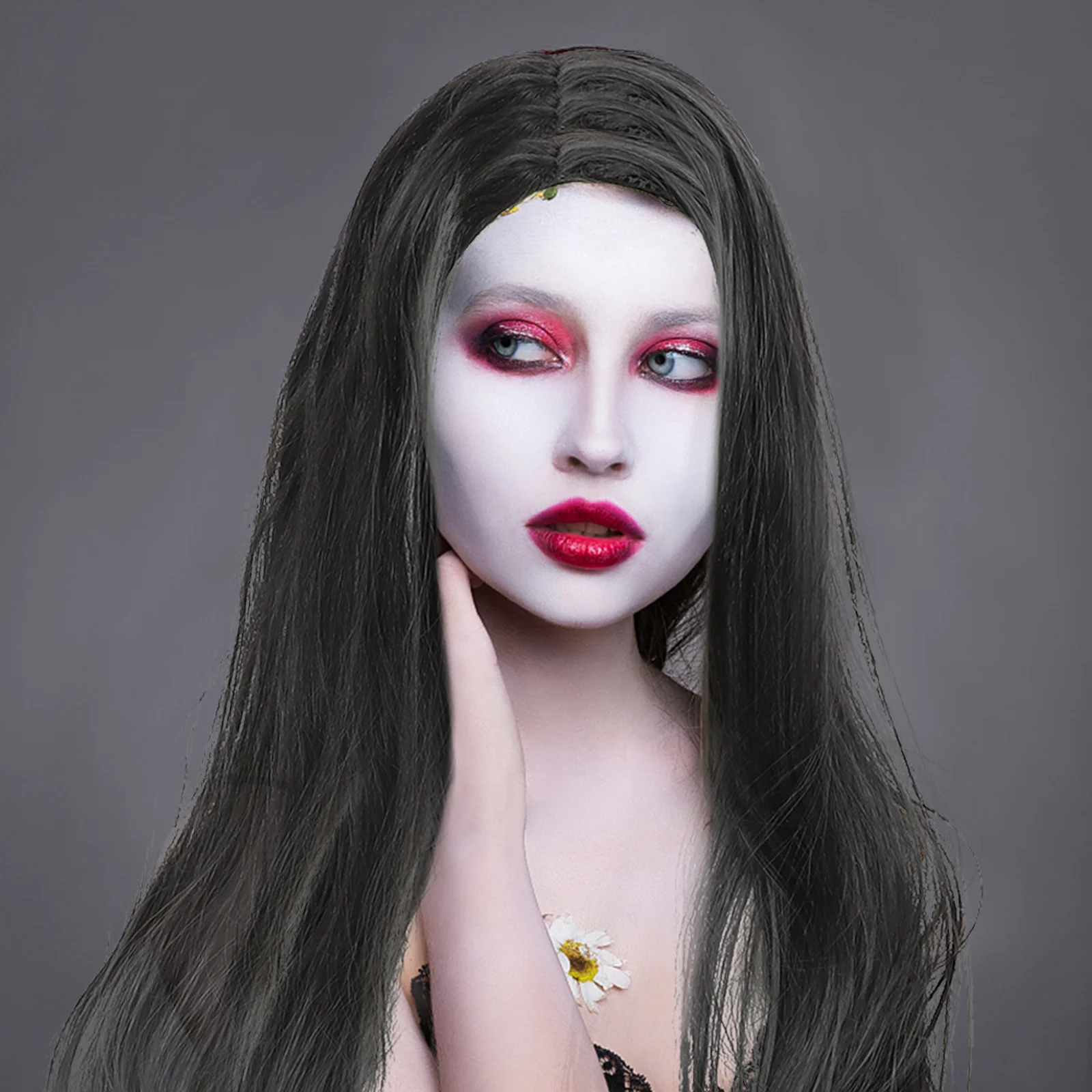 شعر صناعي طويل لشبح ياماوبا أسود لحفلات الهالوين التنكرية وحفلات تنكرية وإكسسوار شبح مخيف