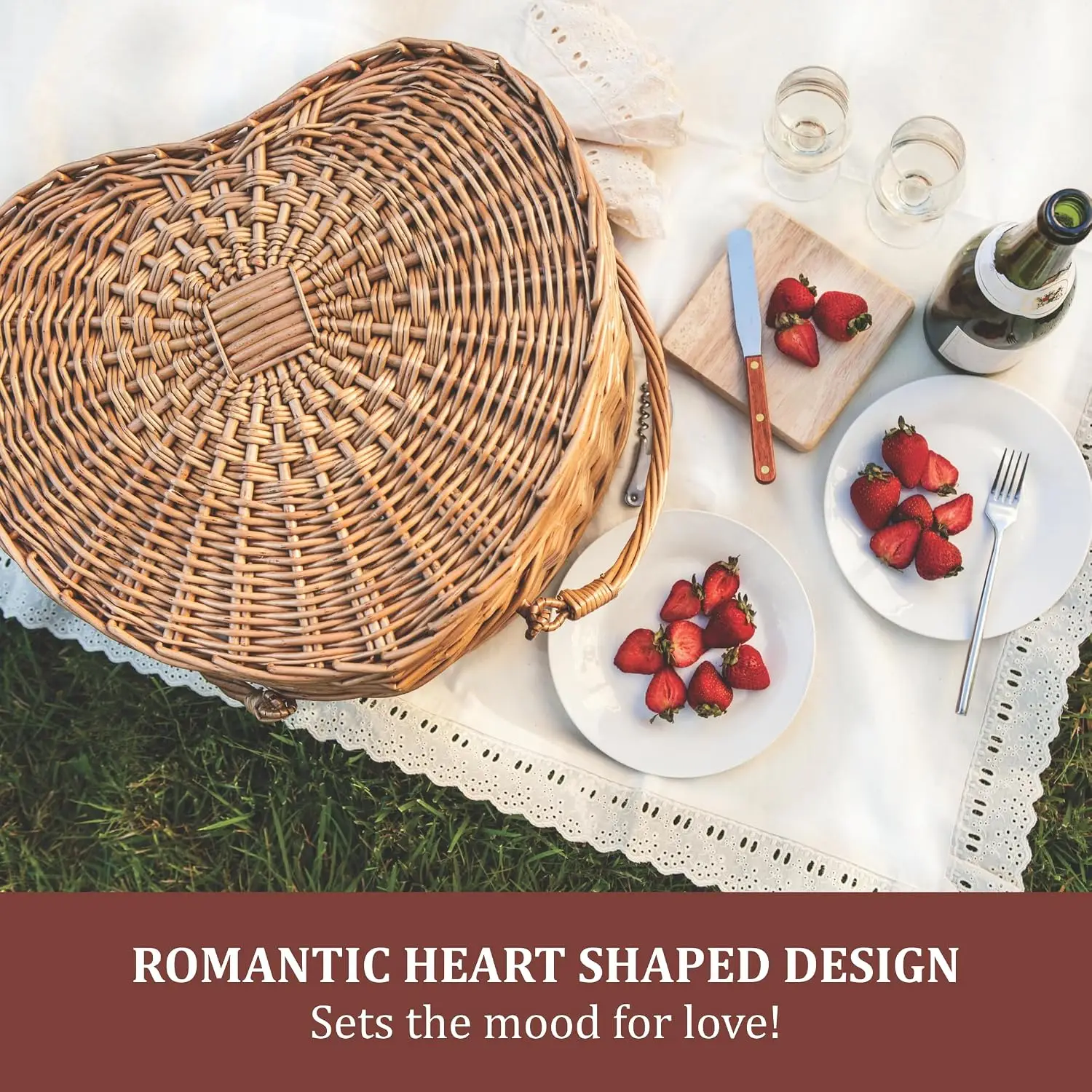 Heart Shaped Handwoven Willow Picnic Basket Set With Deluxe Service For 2 Vintage Wicker Storage Container Bag For Outdoor Camping Couples Park Dating Antique White
