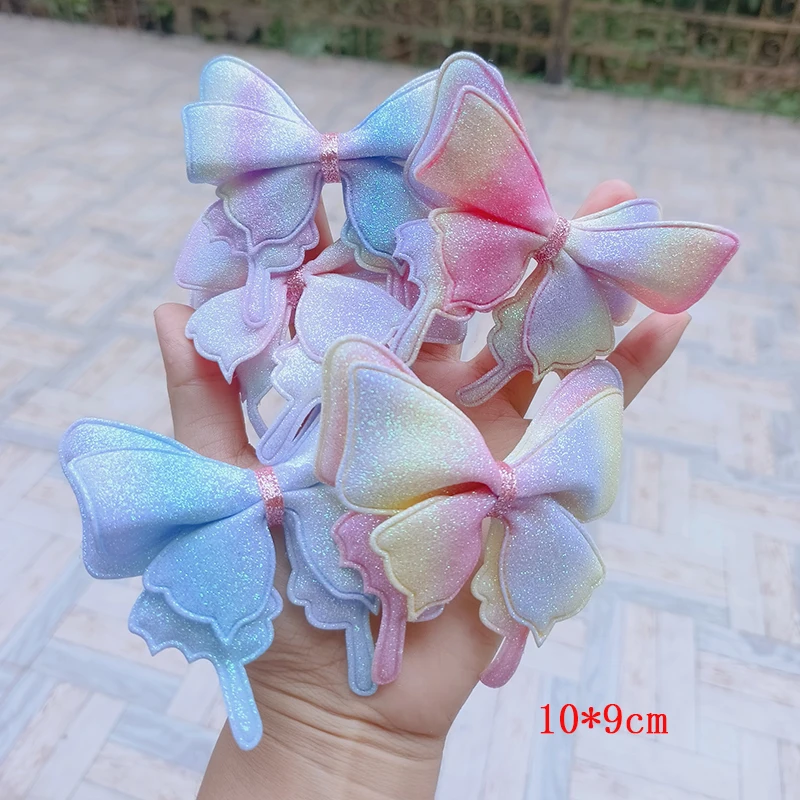 Dupla camada arco-íris gradiente borboleta tecido arco patches, apliques para DIY, crianças roupas de cabelo decoração, nova chegada, 10pcs