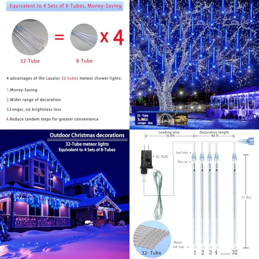 

Christmas Lights Outdoors, 32 Tubes Equivalent to 4 Sets of 8-Tubes Meteor Shower Rain Lights - lcicle Christmas Light Outdoor