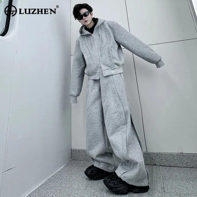 

LUZHEN Autumn New Plain Fashion Hooded Long Sleeve Sweatshirt Two Piece Sets Stylish Streetwear Sport Men Straight Pants LZ4711