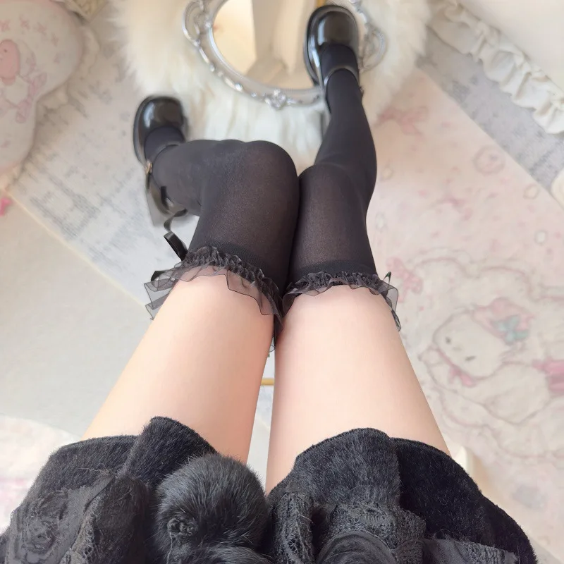 Weiße Spitzenstrümpfe mit Schleife für Damen, transparente Overknee-Socken, Lolita Cosplay, romantische Date-Overknee-Socken, lange Socken – Detail 13