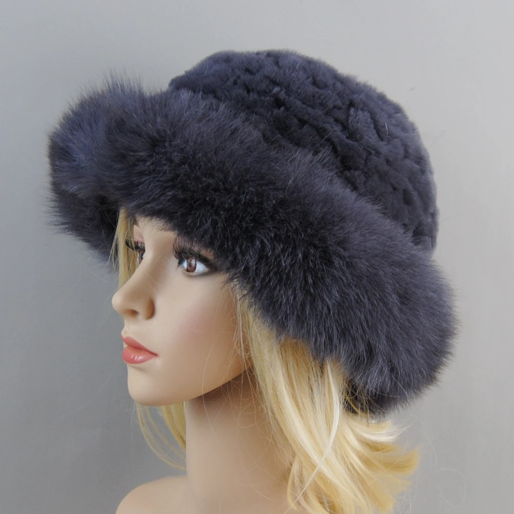 New Style Luxury Knitted Real Genuine Fox Fur Hats Women Beanies Solid Rex Rabbit Fur Caps Winter Lady Fashion Fur Skullies Hat