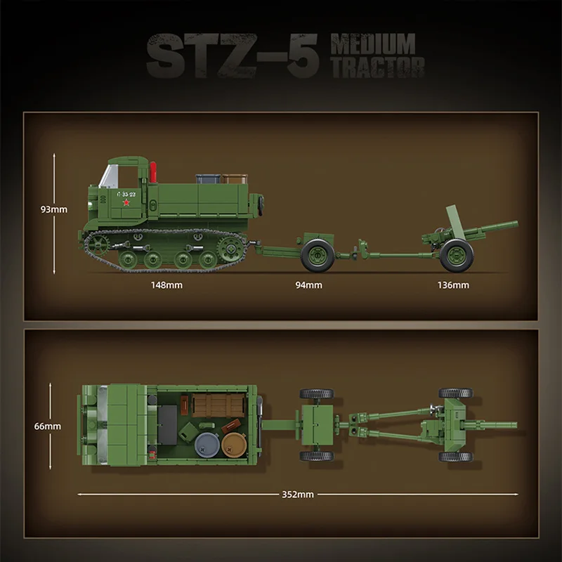 100289   Tractor de artillería STZ5 del ejército soviético, juguete de construcción para niño, modelo ensamblado, pistola antiaérea, coche blindado de la Segunda Guerra Mundial