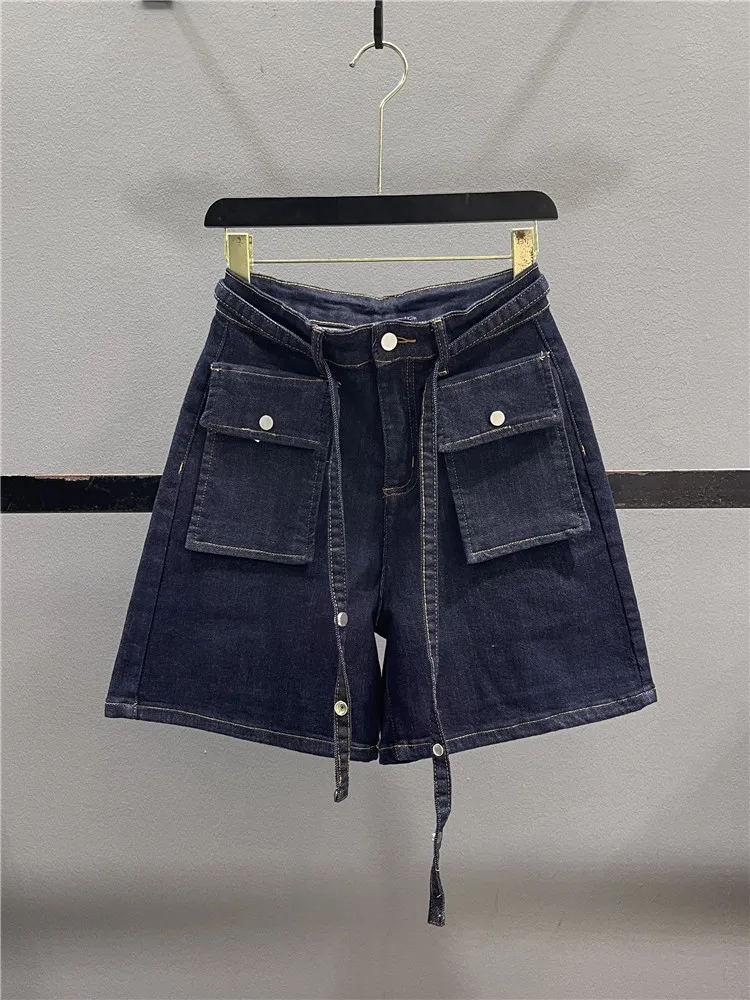 

Deep Blue Washed Women's Jeans High Waist Loose Wide Leg Casual Trousers Summer 2026 Detachable Utility Pockets Five-Point Pants