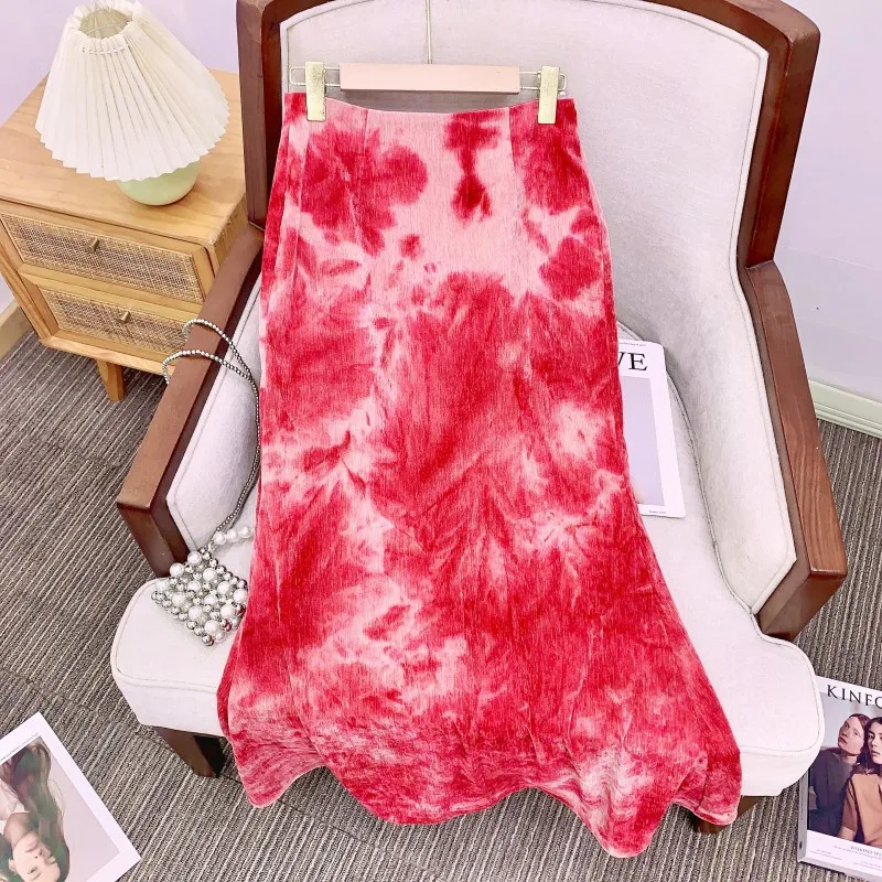 

Осенне-зимняя юбка А-силуэта с эффектом «рыбий хвост», градиентная, новая, в китайском стиле, миди, женская, повседневная, из полиэфирного волокна