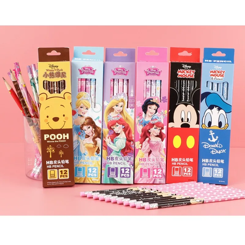 

12pcs Disney Stationery Pencil Children Cartoon Mickey Minnie Snow White Stitch Winnie Anime Figures Student Supplies Pencil