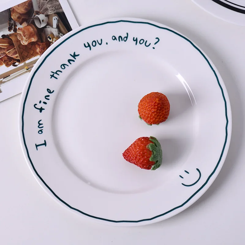 8-inch English Ceramic Plate Simple Style Creative Tableware Letter Smiling Face Dessert Flat Plate Gourmet Set Sauce Dishes