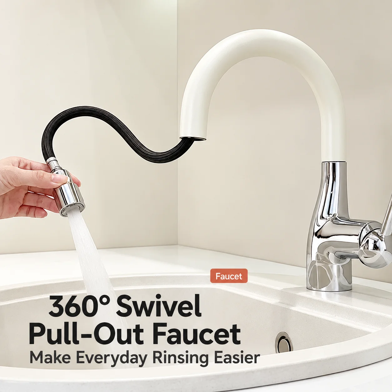 Cream White Brass Pull Out Bathroom Sink Faucet Hidden Flip 2 Spray Modes 360° Swivel Hot Cold Mixer Tap for Vanity Laundry Sink