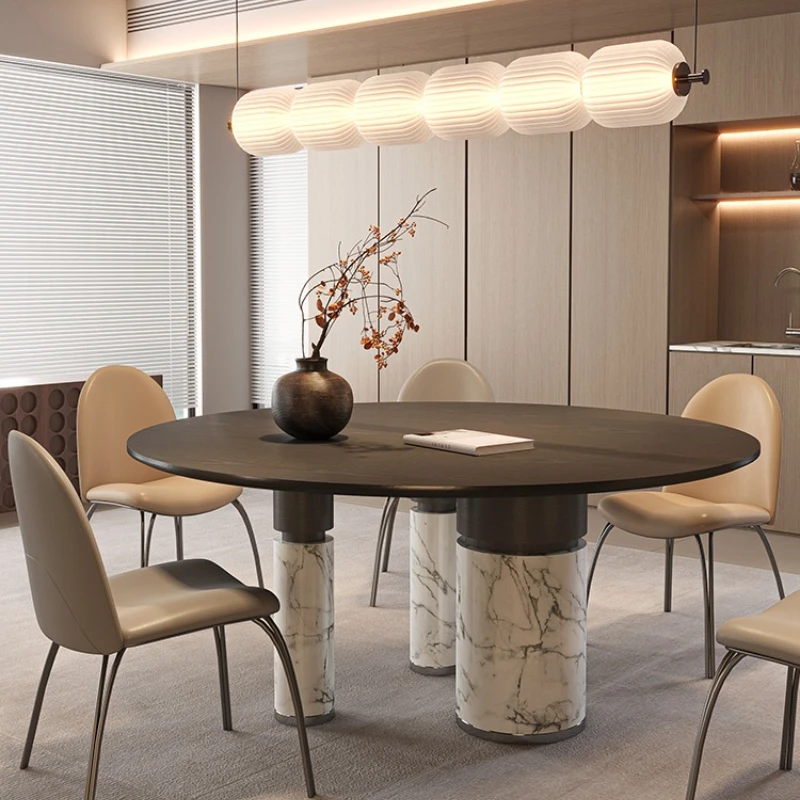 Marble dining table Modern simple light luxury small apartment household round black oak dining table